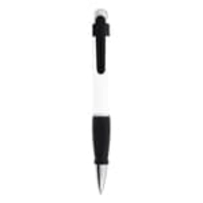 A plastic pen with a white barrel, black grip, and silver tip, featuring a branding logo.