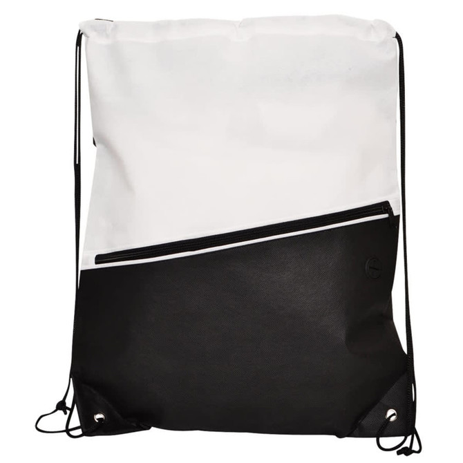 A non-woven drawstring bag featuring a white and black design with a front zip pocket and a logo.