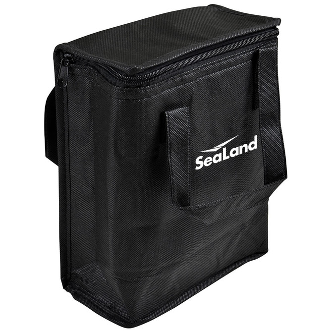 A black cooler bag with a zip closure and carrying handles. It features a logo on the front.