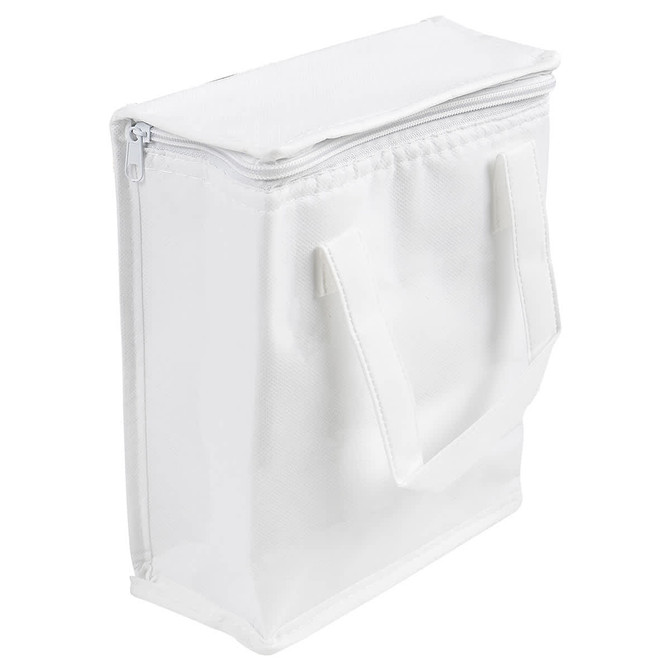 A white cooler bag with a zip closure and two handles, featuring a simple design and a branded logo.