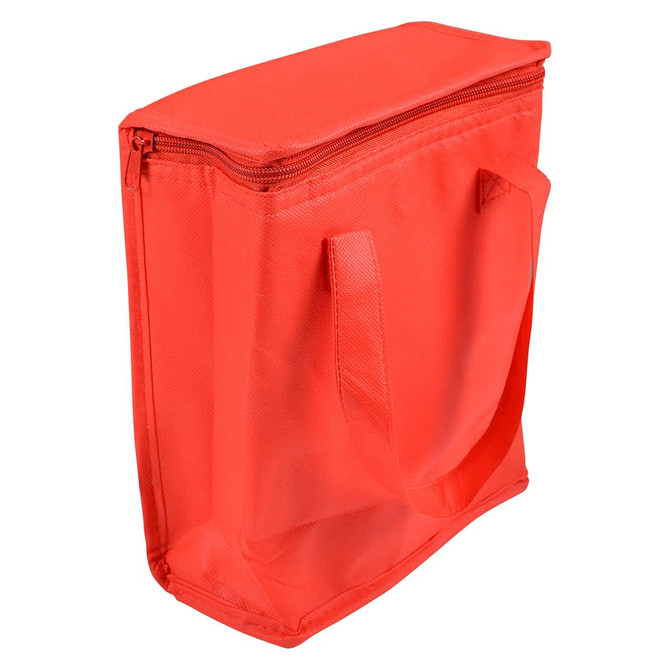 A red cooler bag with a zippered top and two sturdy handles. It features a logo on the side.