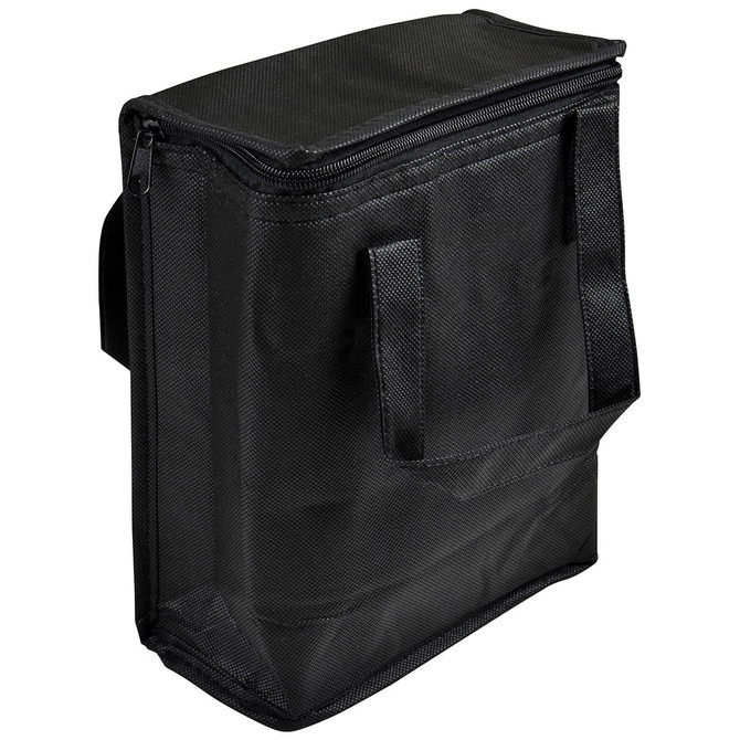 A black cooler bag with a zipped top and carrying handles, featuring a textured surface and a small logo.