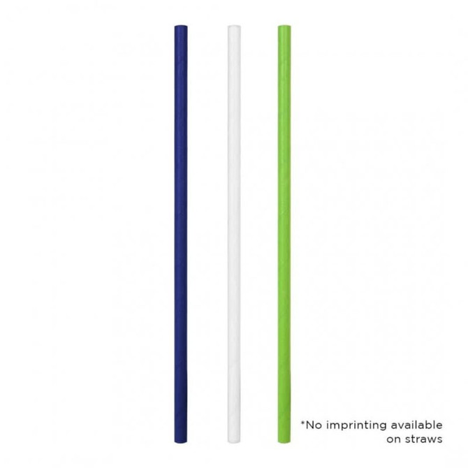 A collection of three straws in navy blue, white, and green, featuring a logo.