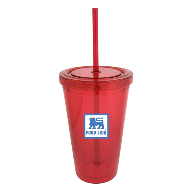 A drink bottle in vibrant red with a matching straw and a logo on the front.