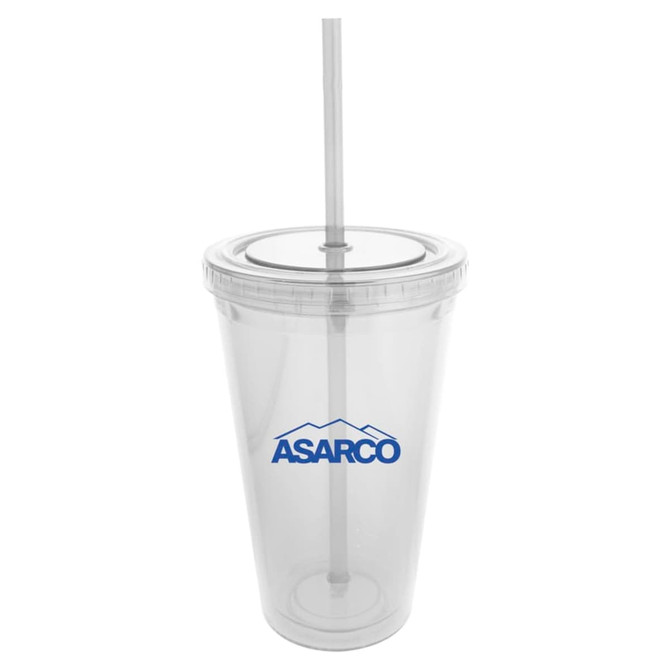 A drink bottle featuring a clear plastic design, with a screw-on lid and a straw, includes a logo.