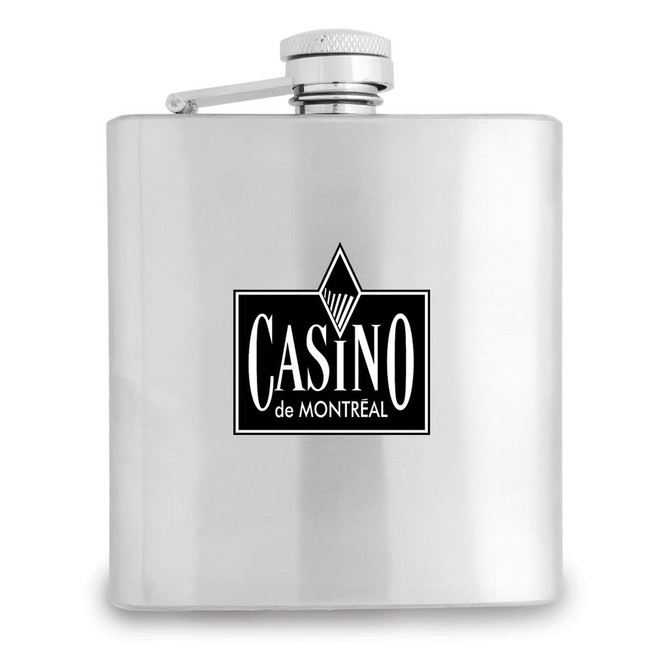 A stainless steel hip flask with a screw-top lid and a logo on the front. The flask holds 180mL.