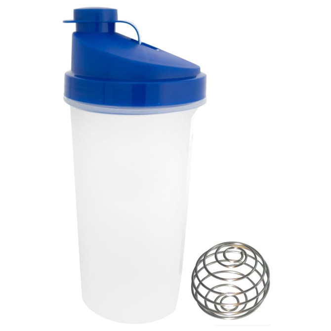 A drink bottle with a blue lid and transparent body, accompanied by a stainless steel mixing ball.