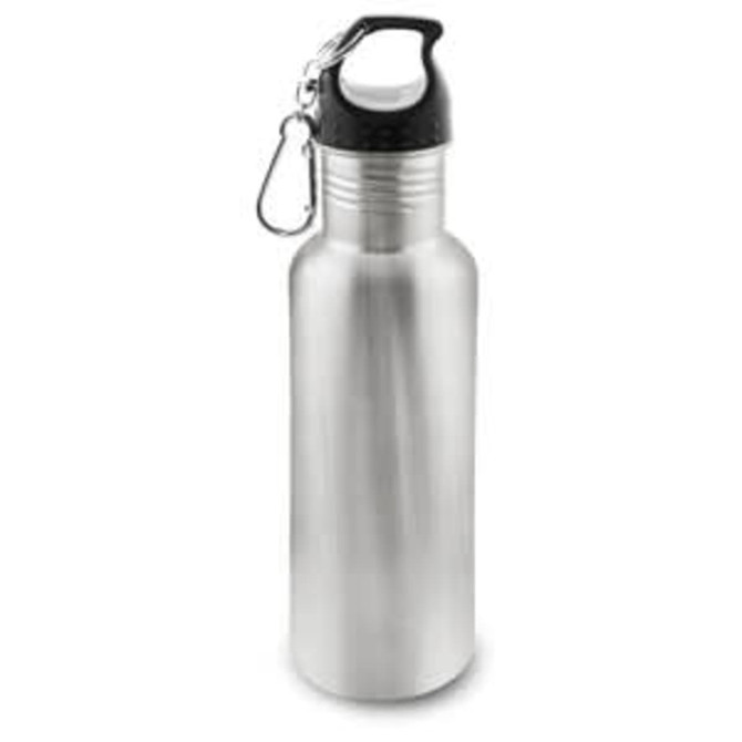 A drink bottle featuring a stainless steel finish with a black screw-on lid and a carabiner attachment.