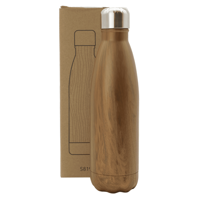 A drink bottle with a wooden finish and a metallic silver lid, displayed beside its cardboard packaging.