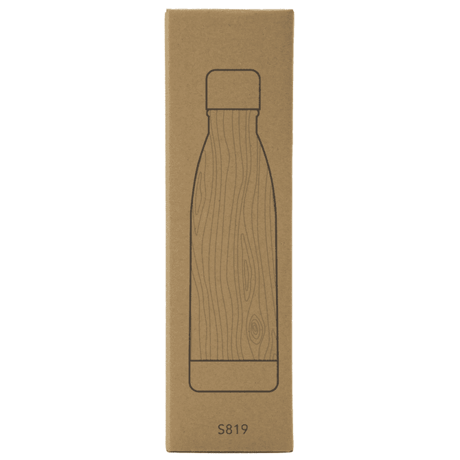 A drink bottle in a sleek design, featuring a wooden pattern on a brown cardboard box.