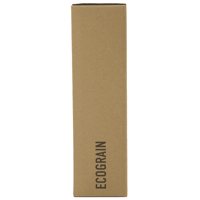 A drink bottle packaged in a brown cardboard box, featuring a simple logo or branding.