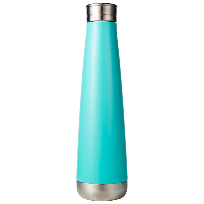 A drink bottle in a turquoise colour with a stainless steel base and a sleek, tapered design. It features a logo.