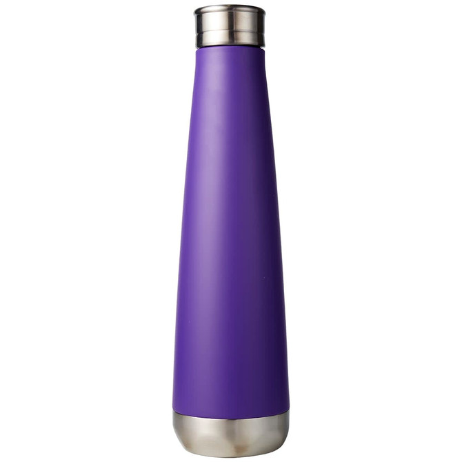 A drink bottle in a sleek, purple design with a stainless steel base and top. It features a logo on the side.