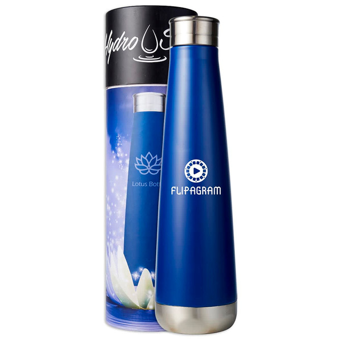 A drink bottle in a sleek blue finish, featuring a stainless steel top and packaging with lotus design and logo.