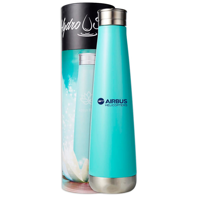 A drink bottle in teal with a stainless steel base, presented in a cylindrical packaging featuring a logo.