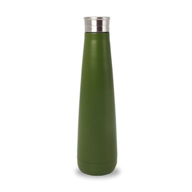 A drink bottle in a sleek green design with a stainless steel lid, featuring a logo on the body.