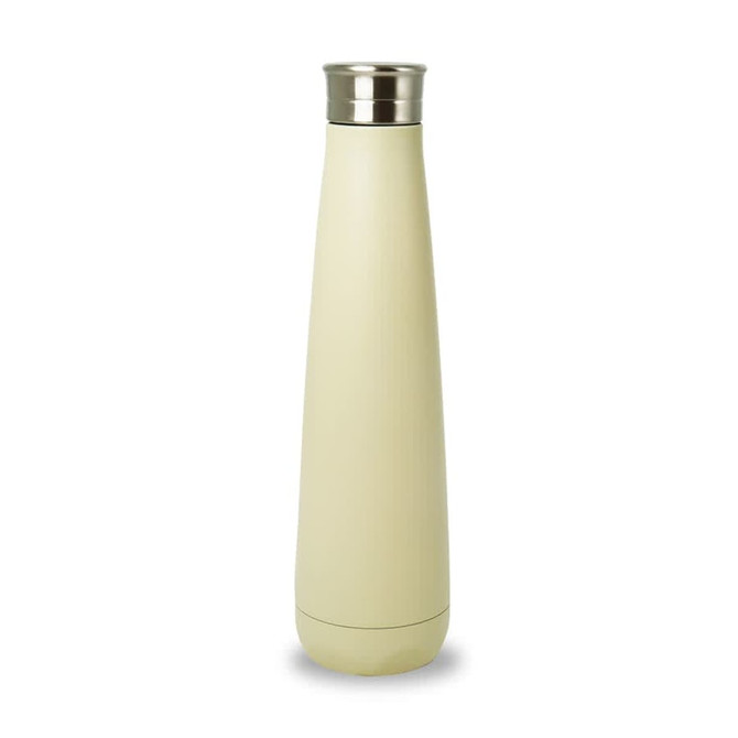 A drink bottle in a light cream colour with a stainless steel lid and a sleek, tapered design. It features a logo.