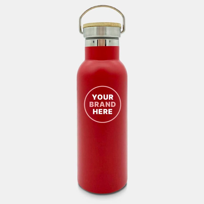 A drink bottle in red with a silver cap and a wooden carrying handle, featuring a logo on the body.