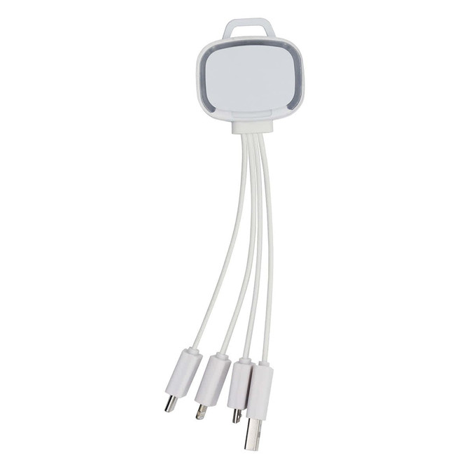A white 4-in-1 charging cable with multiple connectors and a rounded casing, featuring a logo on the casing.