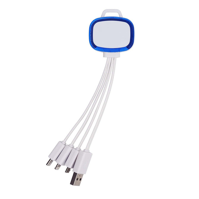 A 4-in-1 charging cable with a blue and white design, featuring multiple connectors for various devices.