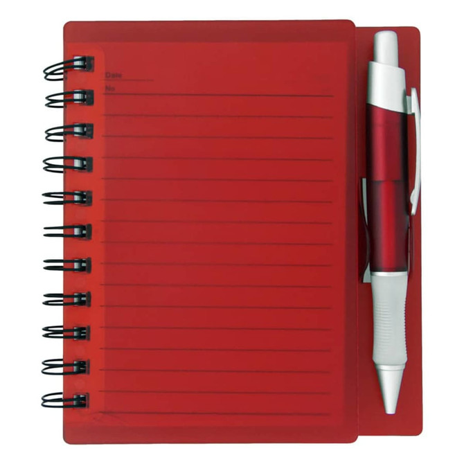 A red notepad with lined pages and a spiral binding, accompanied by a matching pen.