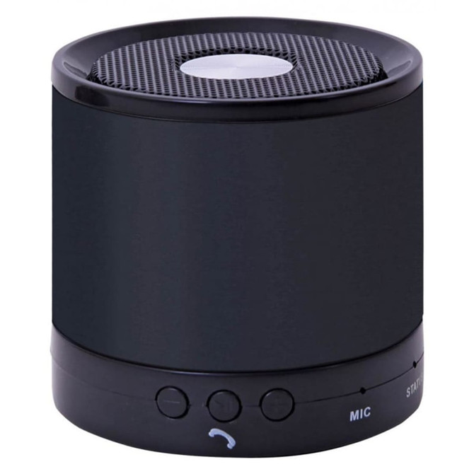 A compact black speaker featuring a mesh top and control buttons on the front. It has a sleek cylindrical design.