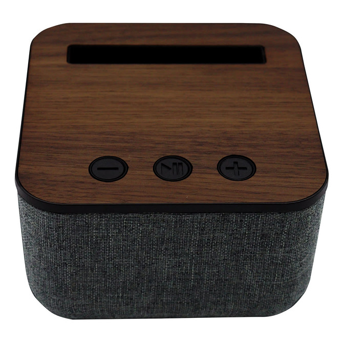 A Bluetooth speaker with a wood-patterned top and grey fabric sides, featuring three control buttons.