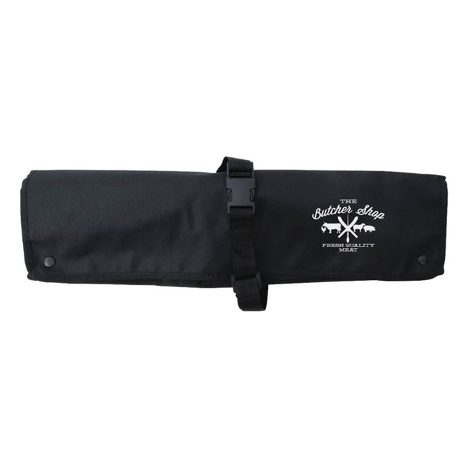 A black roll-up bag with a strap, featuring a logo on the front.