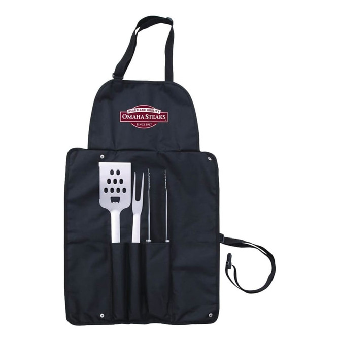 A black apron with a logo, featuring a spatula, fork, and slicing knife in pockets.
