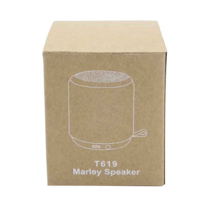 A brown cardboard box containing a Marley Speaker, with a simple illustrated design on the front.