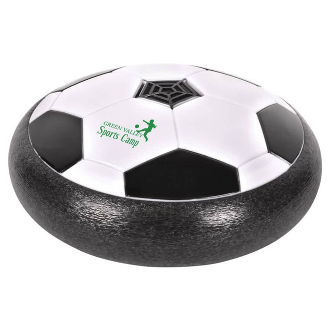 A black and white hover soccer ball with a logo on its surface, designed for fun and games.