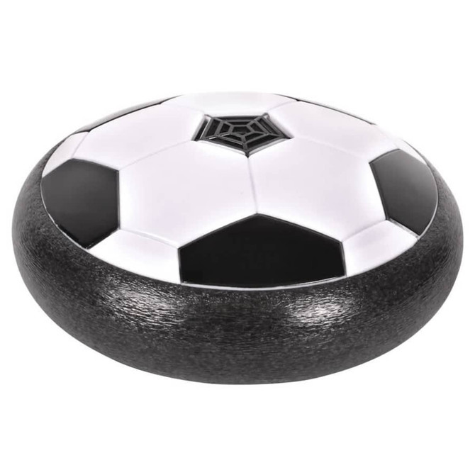 A black and white hover soccer ball with a smooth surface, designed as a novelty item for fun and games.