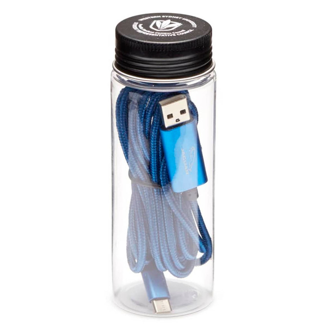 A transparent container holding a blue 3 in 1 charging cable with a USB connector and additional ends.