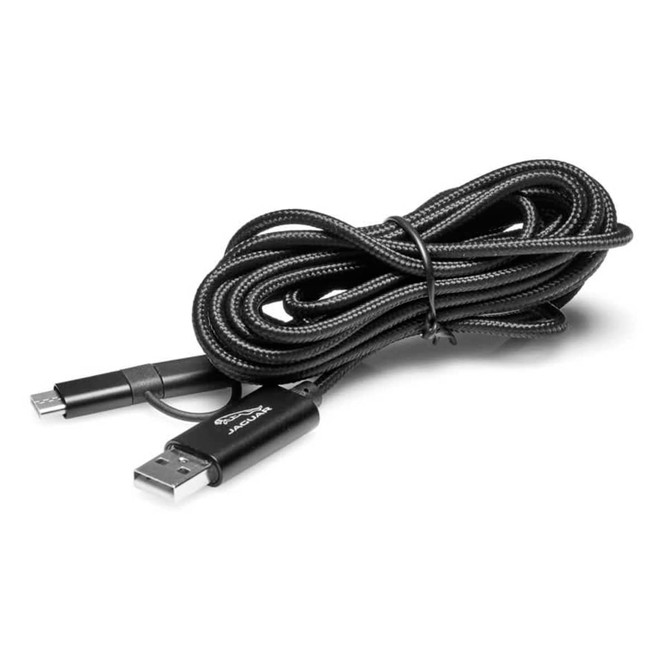 A black, braided 3 in 1 charging cable with USB and micro USB connectors, coiled for storage. It has a logo on the connector.