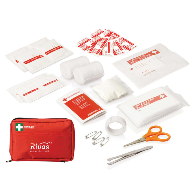 A red first aid kit pouch containing various bandages, dressings, scissors, tweezers, and safety pins.