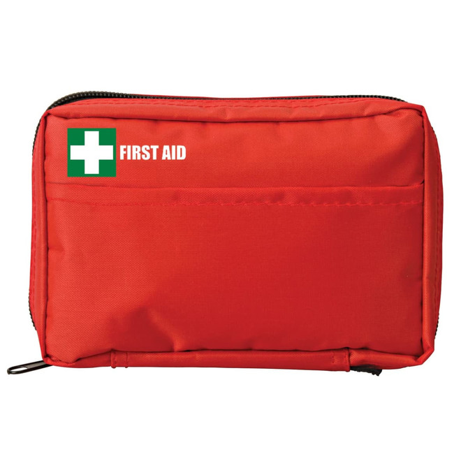 A red first aid kit pouch featuring a green cross logo, designed for holding assorted medical supplies.