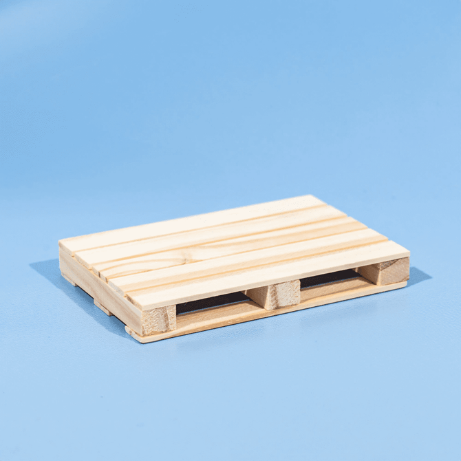 A wooden coasting in a light finish resembling a miniature pallet, featuring a logo.