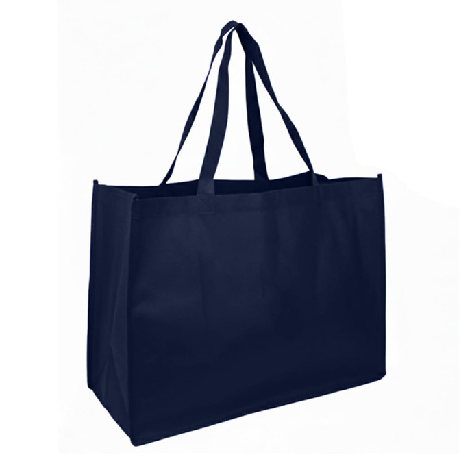 A navy Jumbo Non Woven Shopper bag with two sturdy handles and a simple design. It features a logo on the side.