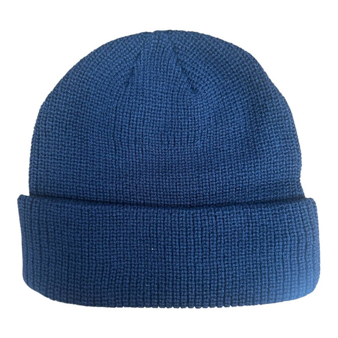 A blue 6 seam knitted beanie with a fold-over cuff and textured design. It features a branding logo.