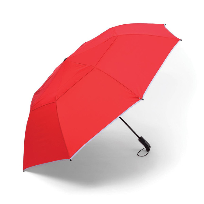 A red compact umbrella with a black handle and a logo, featuring a sleek design.