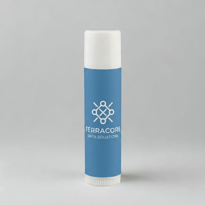 A cylindrical lip balm tube in light blue featuring a white cap and a logo.