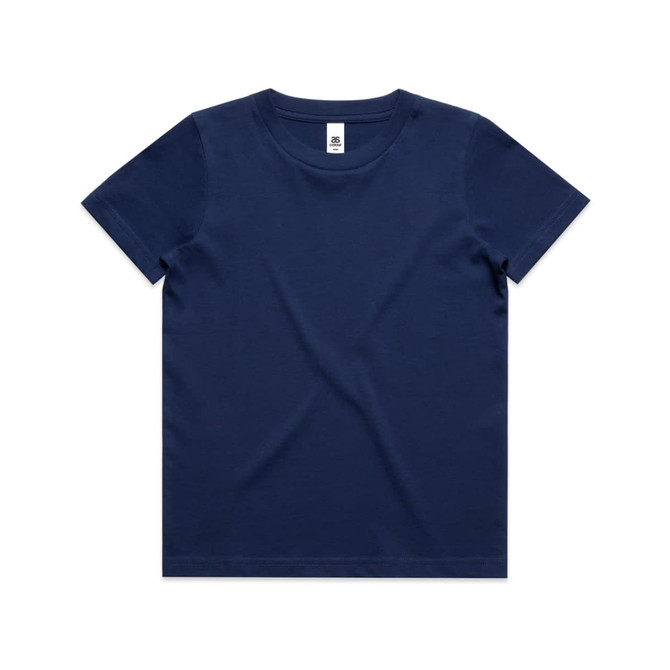 A navy blue kids' t-shirt with a simple design and a logo tag at the neckline.