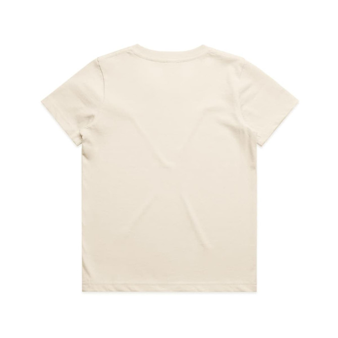 A plain cream-coloured kids' T-shirt featuring a back view with short sleeves and a branding logo.