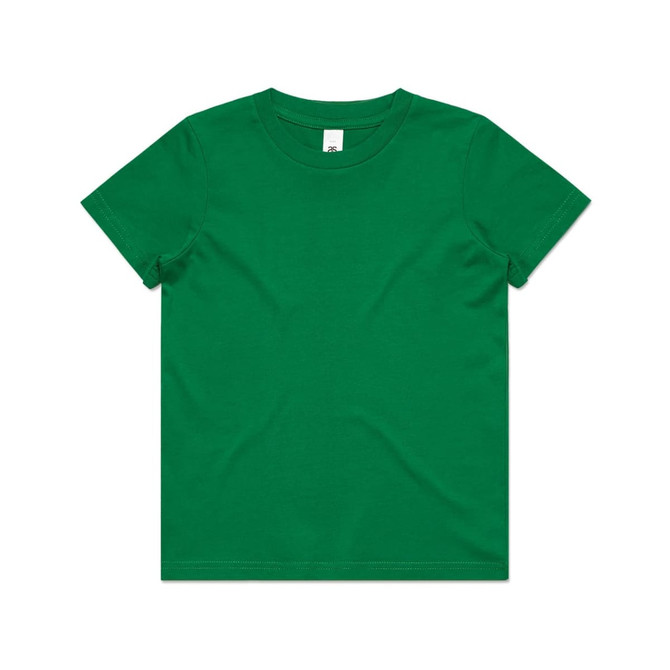 A green children's t-shirt featuring a round neckline and short sleeves. It has a label inside and a small logo on it.