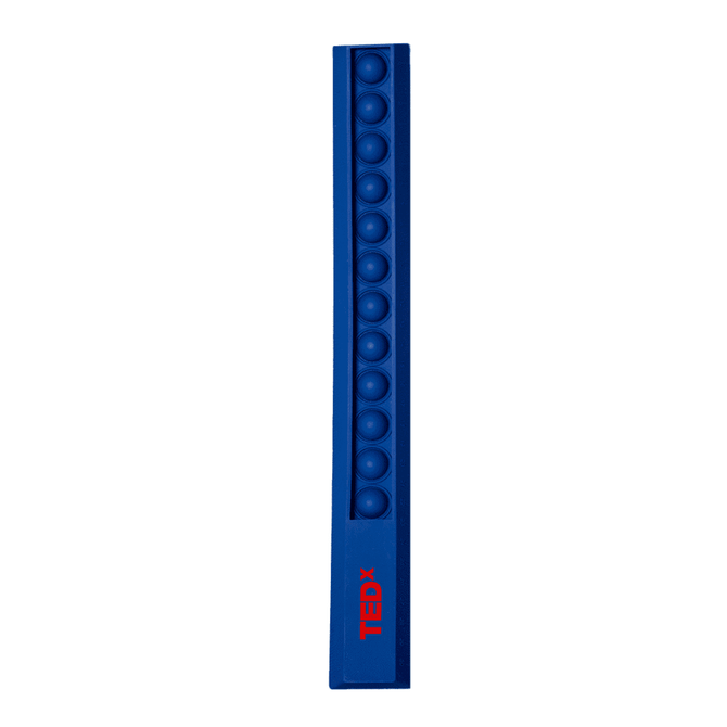 A blue popper ruler featuring a series of poppers along its length, with a logo visible on the side.