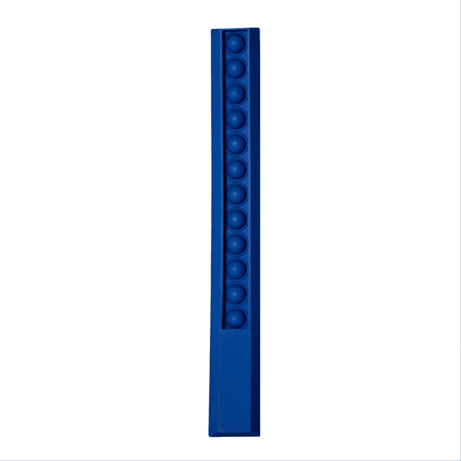 A blue 30cm Popper Ruler with popping buttons along one side, featuring a logo.