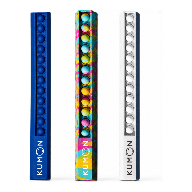 Three popper rulers in blue, colourful pattern, and white, featuring a logo on one. Suitable for office and business use.