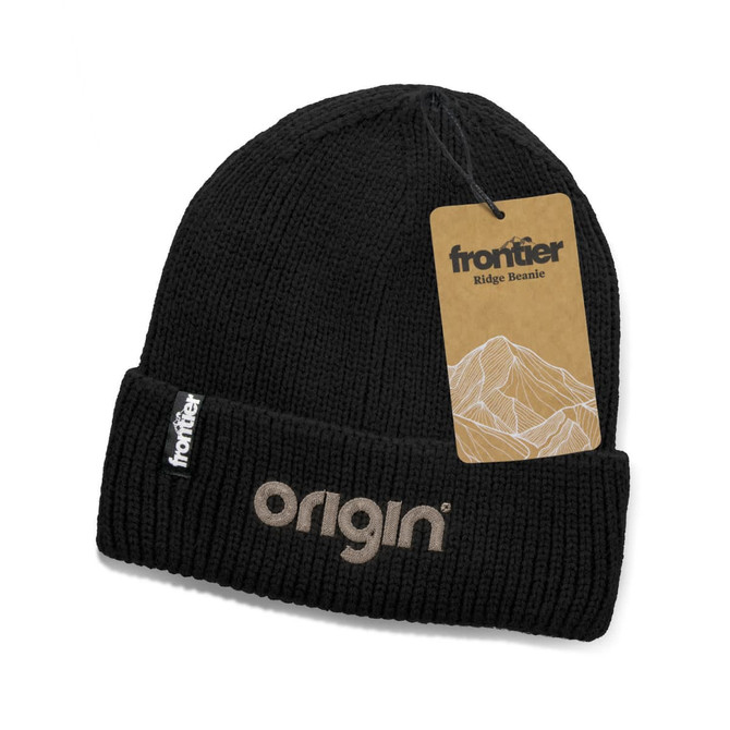 A black ribbed beanie featuring a tag and a small logo on the cuff.
