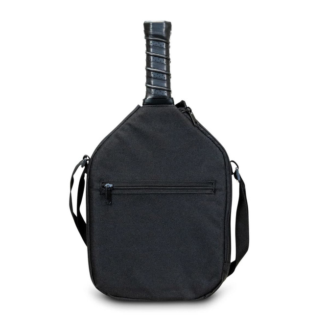 A black pickleball paddle with a padded carrying case featuring a zipper and an adjustable shoulder strap.
