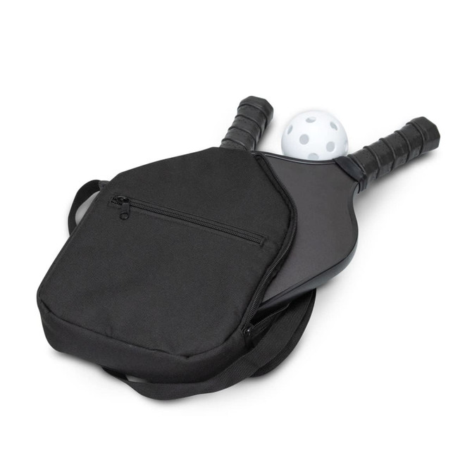 A black pickleball set featuring two paddles and a white ball, stored in a black carrying bag.